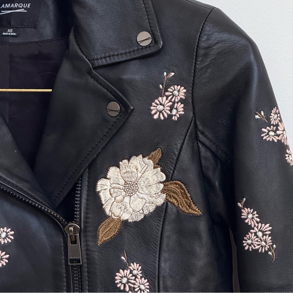 LAMARQUE Floral Embroidered Black Leather Moto Jacket XS - Picture 8 of 11